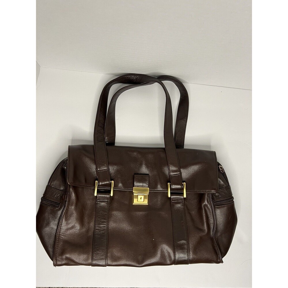 Perlina New York Leather Medium Tote Bag Dark Brown Gold Latch Zipper Pockets